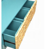 Rectangular Wooden Storage Bench with Rattan Like Weaved 3 Drawers, Blue - BM163623