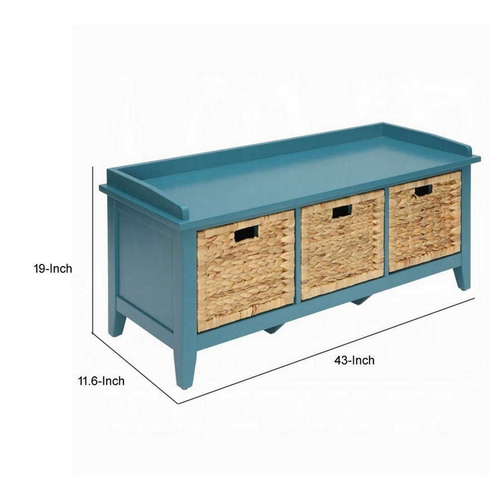 Rectangular Wooden Storage Bench with Rattan Like Weaved 3 Drawers, Blue - BM163623