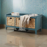 Rectangular Wooden Storage Bench with Rattan Like Weaved 3 Drawers, Blue - BM163623