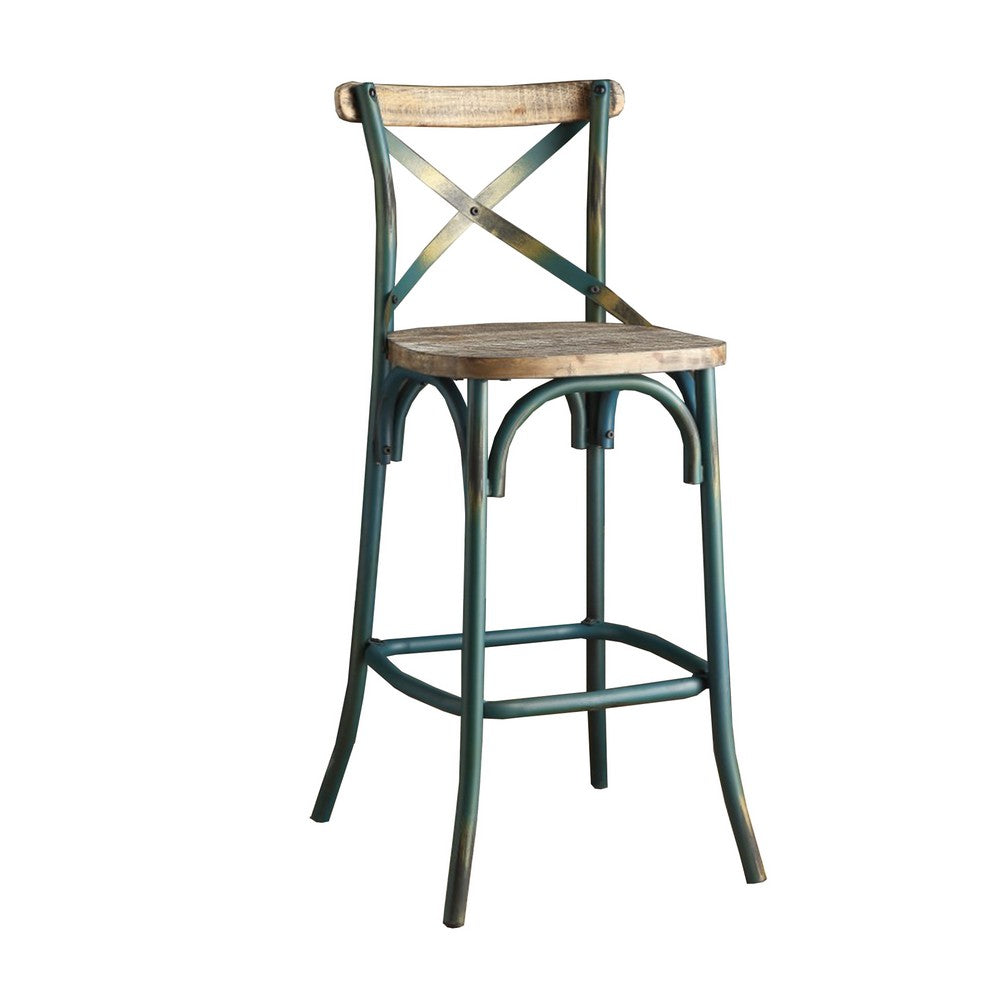 Wood & metal Bar Height Chair with X Style Panel back, Antique Sky Blue - AMF-96806