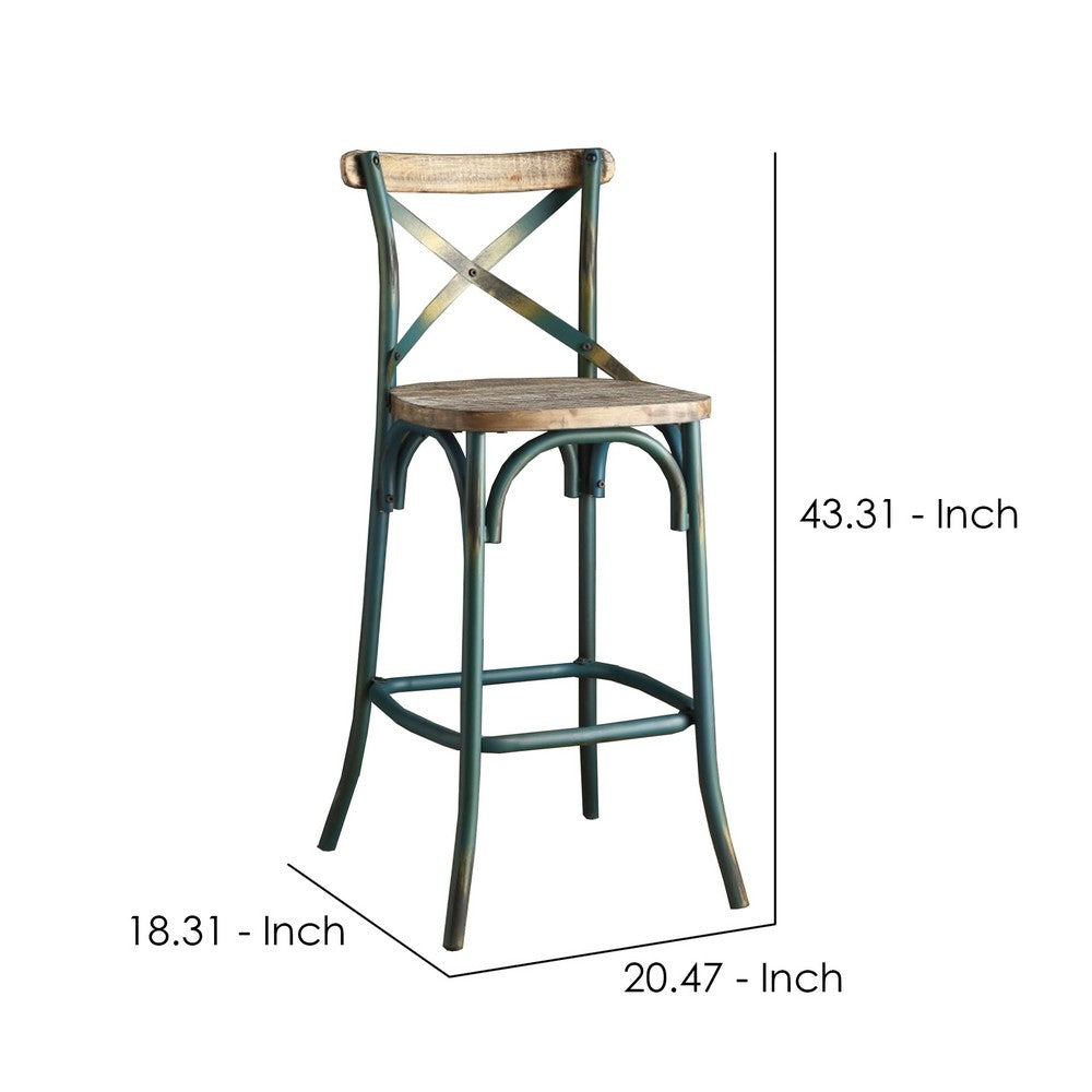 Wood & metal Bar Height Chair with X Style Panel back, Antique Sky Blue - AMF-96806