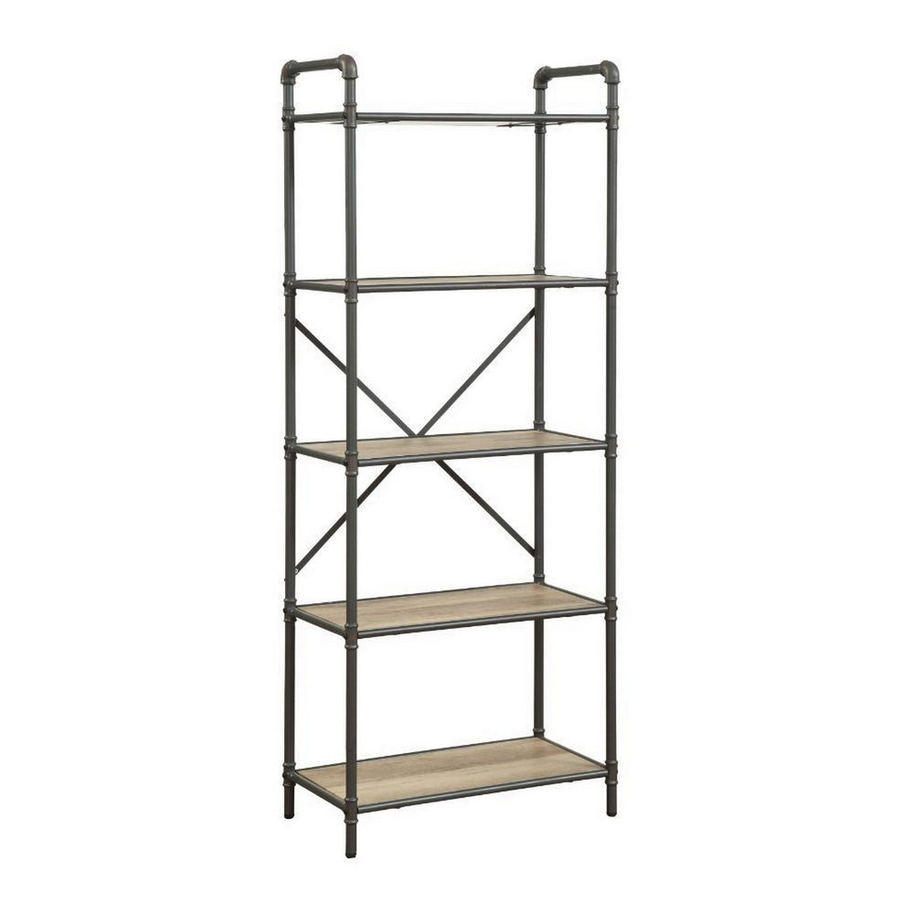 Five Tier Metal Bookshelf With Wooden Shelves, Oak Brown & Gray - AMF-97164