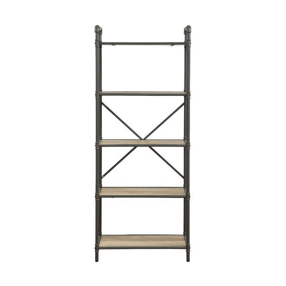 Five Tier Metal Bookshelf With Wooden Shelves, Oak Brown & Gray - AMF-97164
