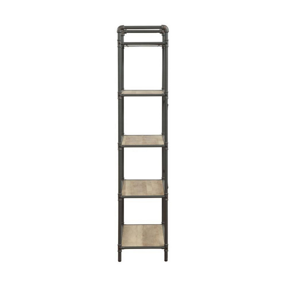 Five Tier Metal Bookshelf With Wooden Shelves, Oak Brown & Gray - AMF-97164