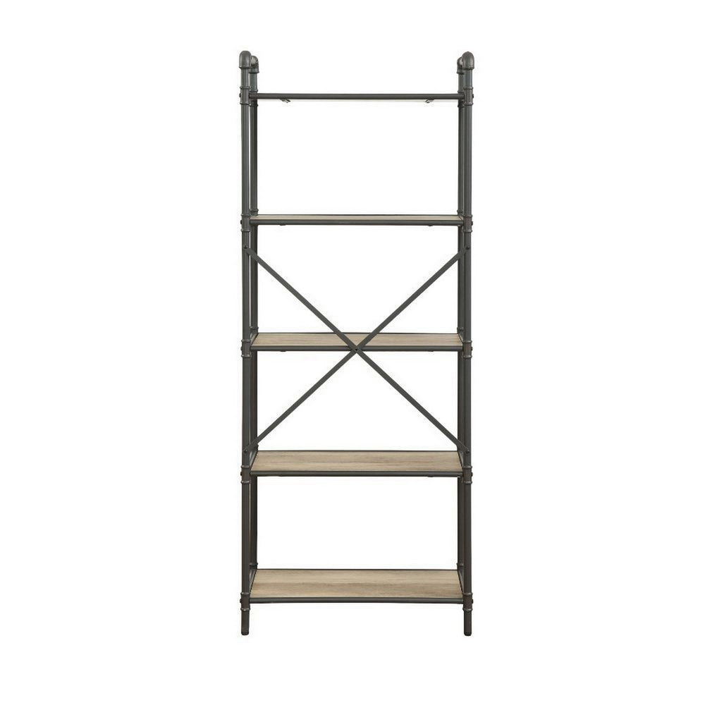 Five Tier Metal Bookshelf With Wooden Shelves, Oak Brown & Gray - AMF-97164