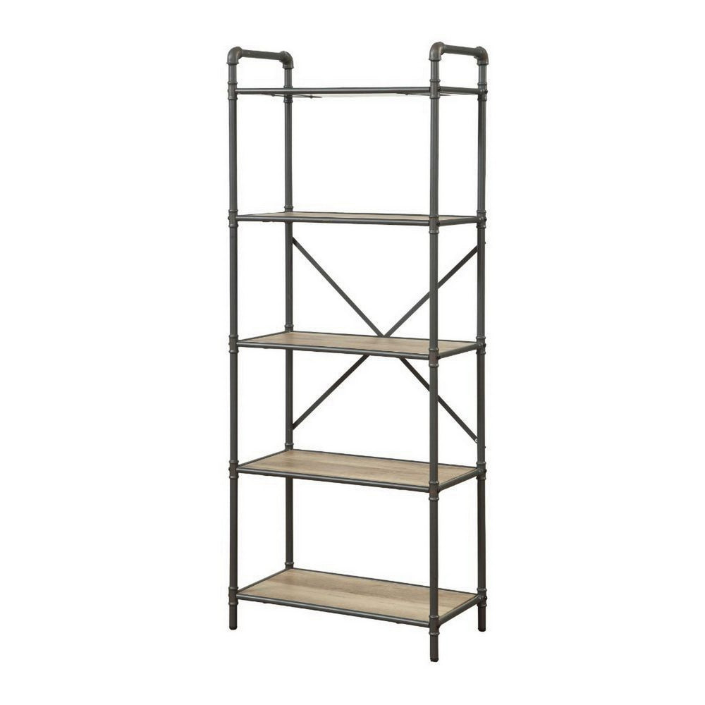 Five Tier Metal Bookshelf With Wooden Shelves, Oak Brown & Gray - AMF-97164