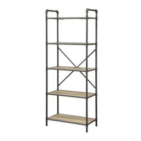 Five Tier Metal Bookshelf With Wooden Shelves, Oak Brown & Gray - AMF-97164