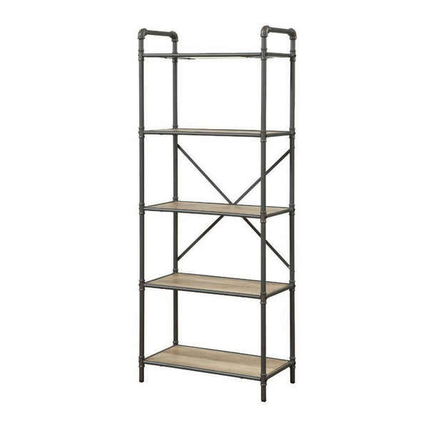 Five Tier Metal Bookshelf With Wooden Shelves, Oak Brown & Gray - AMF-97164