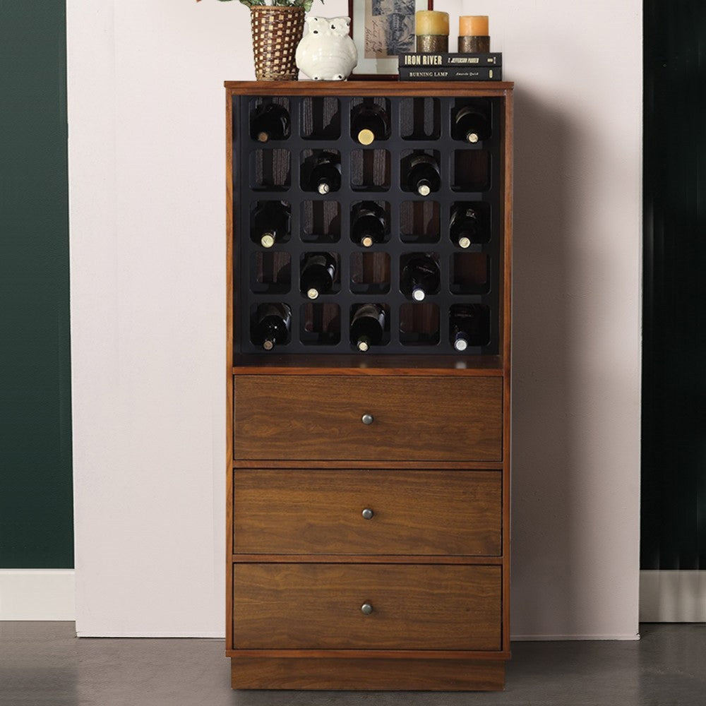 Wooden Wine Cabinet with Wine Bottle Rack and Three Drawers, Brown and Black - AMF-97542