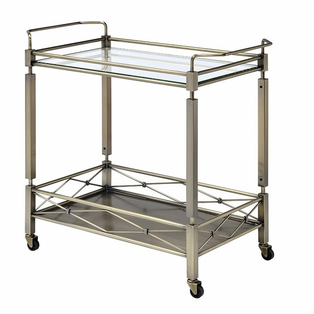 2 Tier Design Rectangular Metal Serving Cart with Glass Top Shelf, Silver - BM194344