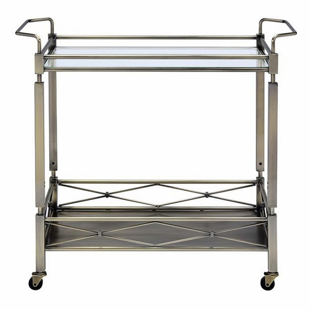 2 Tier Design Rectangular Metal Serving Cart with Glass Top Shelf, Silver - BM194344