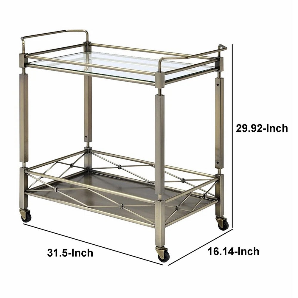 2 Tier Design Rectangular Metal Serving Cart with Glass Top Shelf, Silver - BM194344