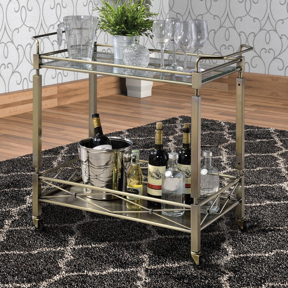 2 Tier Design Rectangular Metal Serving Cart with Glass Top Shelf, Silver - BM194344