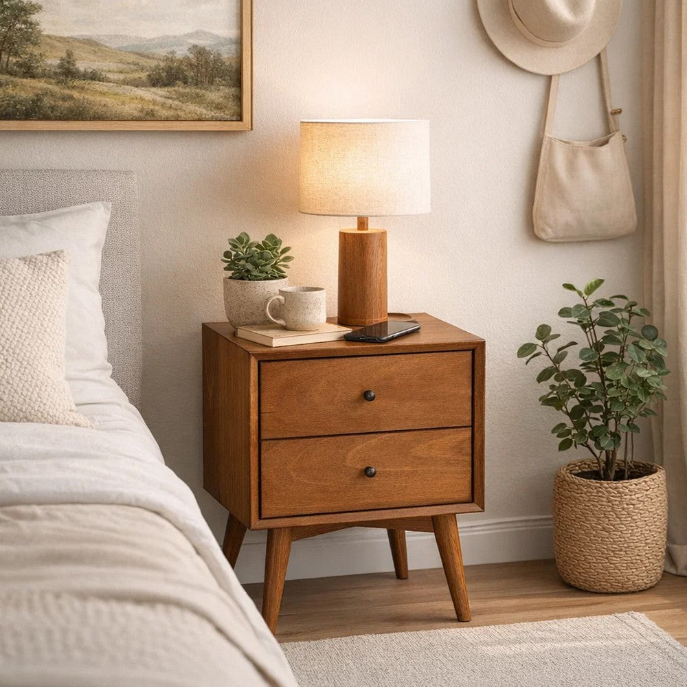 Mid Century 26 Inch Nightstand, 2 Drawers, Mahagony Wood Chestnut Brown - BM172817