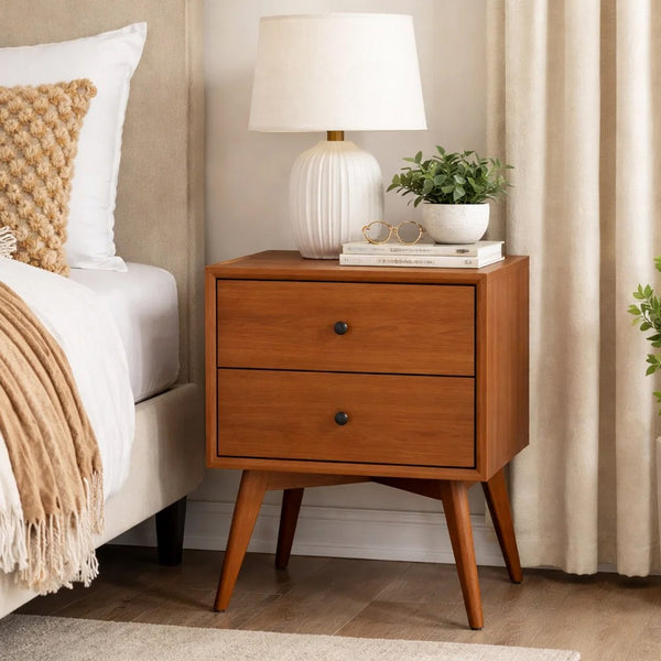 Mid Century 26 Inch Nightstand, 2 Drawers, Mahagony Wood Chestnut Brown - BM172817