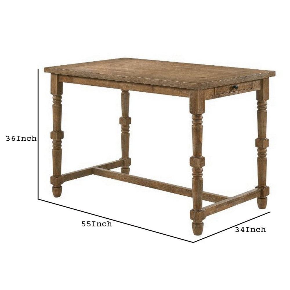 Counter Height Table with 1 Side Drawer and Turned Legs, Brown - BM251123
