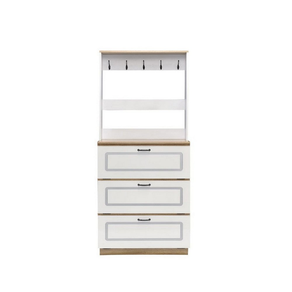 Shoe Cabinet With Storage Drawers and Hooks, White and Brown - BM251206
