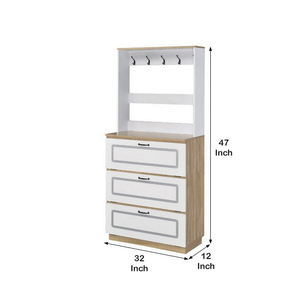 Shoe Cabinet With Storage Drawers and Hooks, White and Brown - BM251206