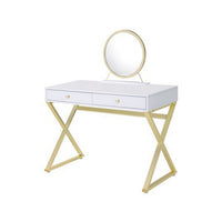 Vanity Desk with Removable Mirror and Cross Metal Legs, White and Gold - BM251241