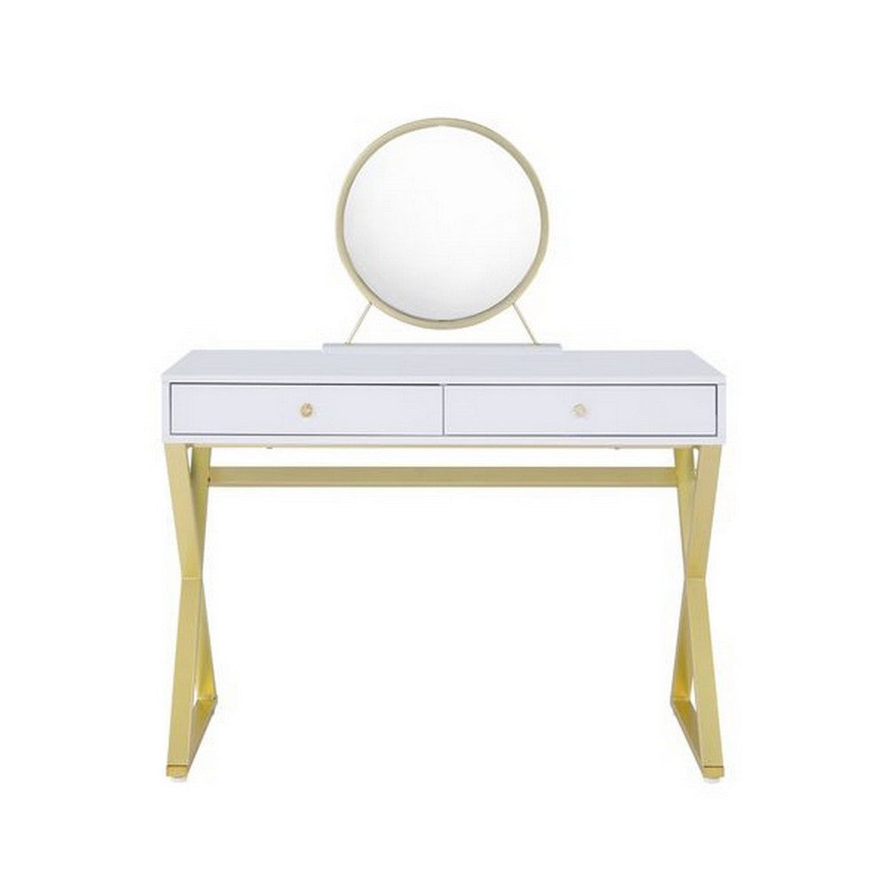Vanity Desk with Removable Mirror and Cross Metal Legs, White and Gold - BM251241