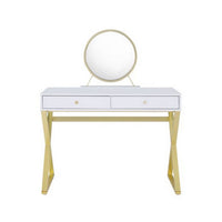Vanity Desk with Removable Mirror and Cross Metal Legs, White and Gold - BM251241