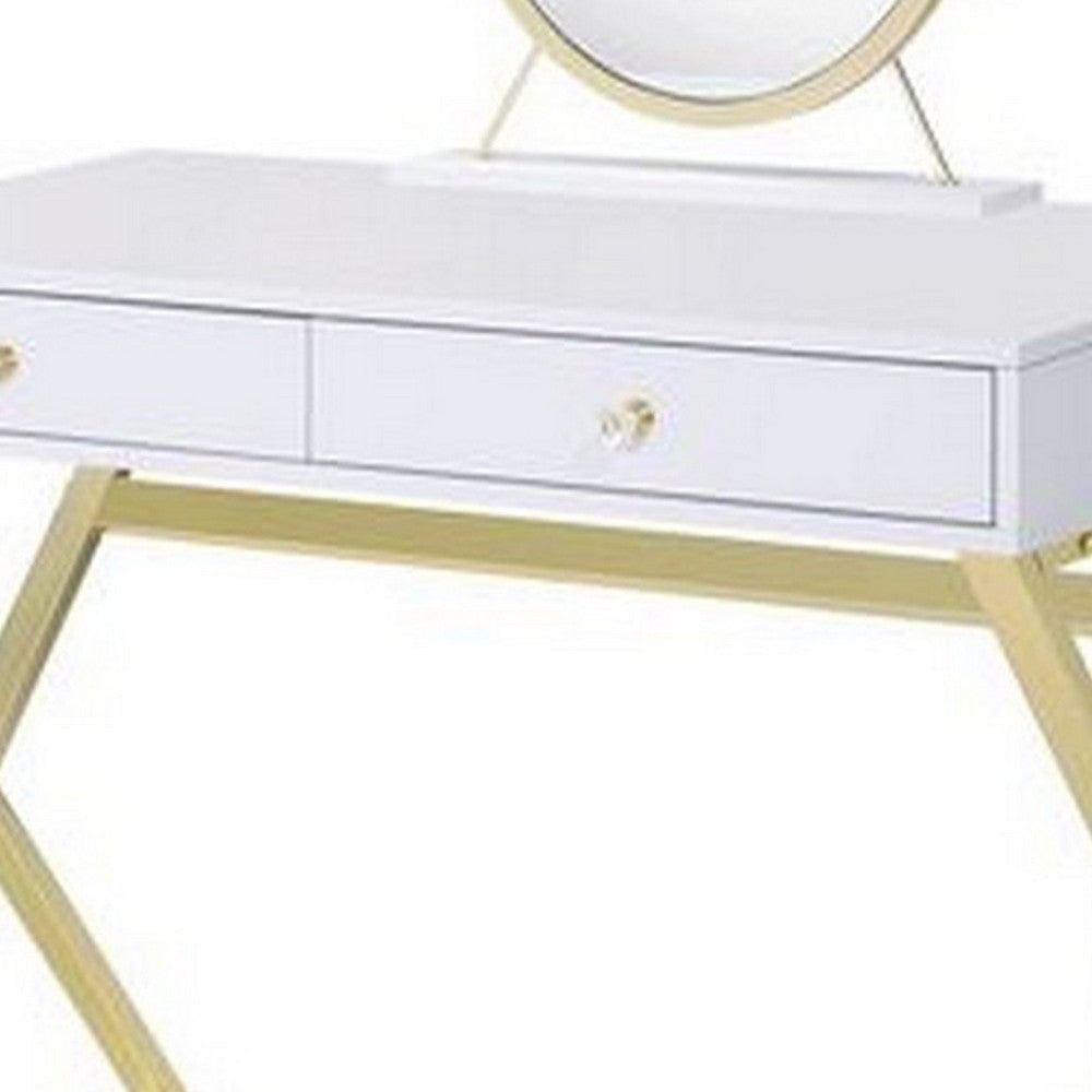 Vanity Desk with Removable Mirror and Cross Metal Legs, White and Gold - BM251241