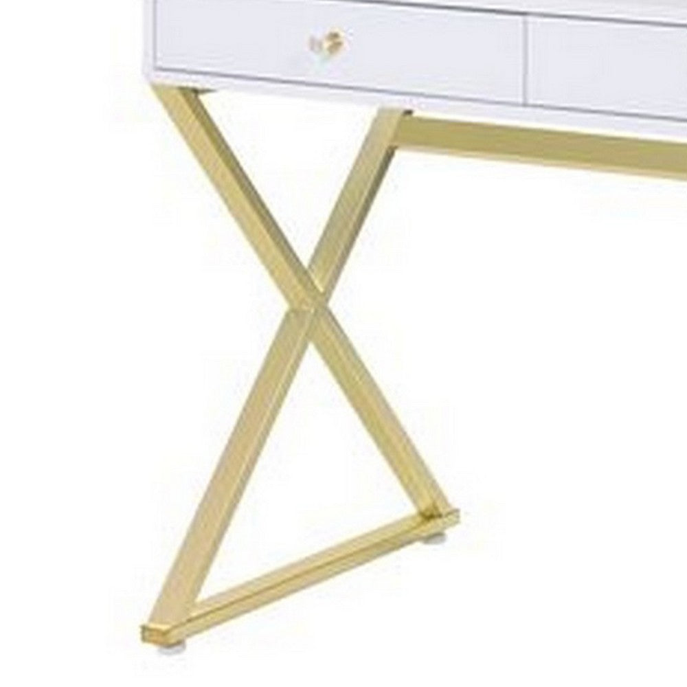 Vanity Desk with Removable Mirror and Cross Metal Legs, White and Gold - BM251241