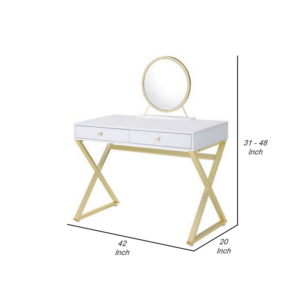 Vanity Desk with Removable Mirror and Cross Metal Legs, White and Gold - BM251241