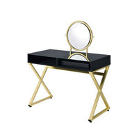 Vanity Desk with Round Mirror and Cross Metal Legs, Black and Gold - BM251243