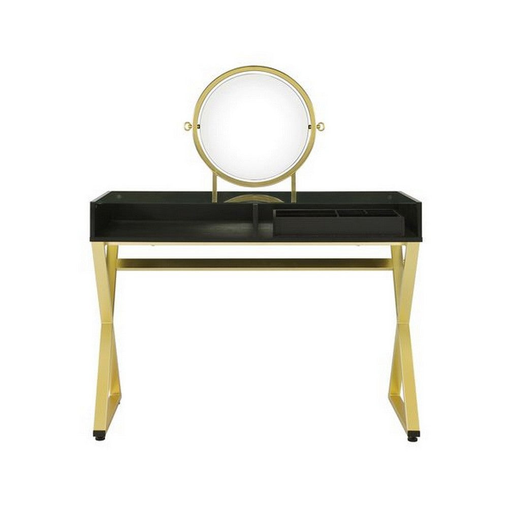 Vanity Desk with Round Mirror and Cross Metal Legs, Black and Gold - BM251243