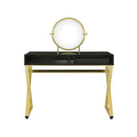 Vanity Desk with Round Mirror and Cross Metal Legs, Black and Gold - BM251243