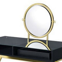 Vanity Desk with Round Mirror and Cross Metal Legs, Black and Gold - BM251243