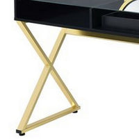 Vanity Desk with Round Mirror and Cross Metal Legs, Black and Gold - BM251243
