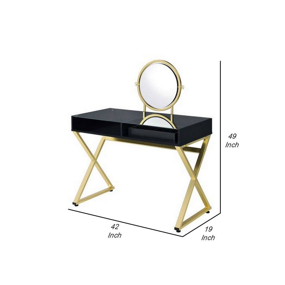 Vanity Desk with Round Mirror and Cross Metal Legs, Black and Gold - BM251243