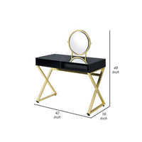 Vanity Desk with Round Mirror and Cross Metal Legs, Black and Gold - BM251243