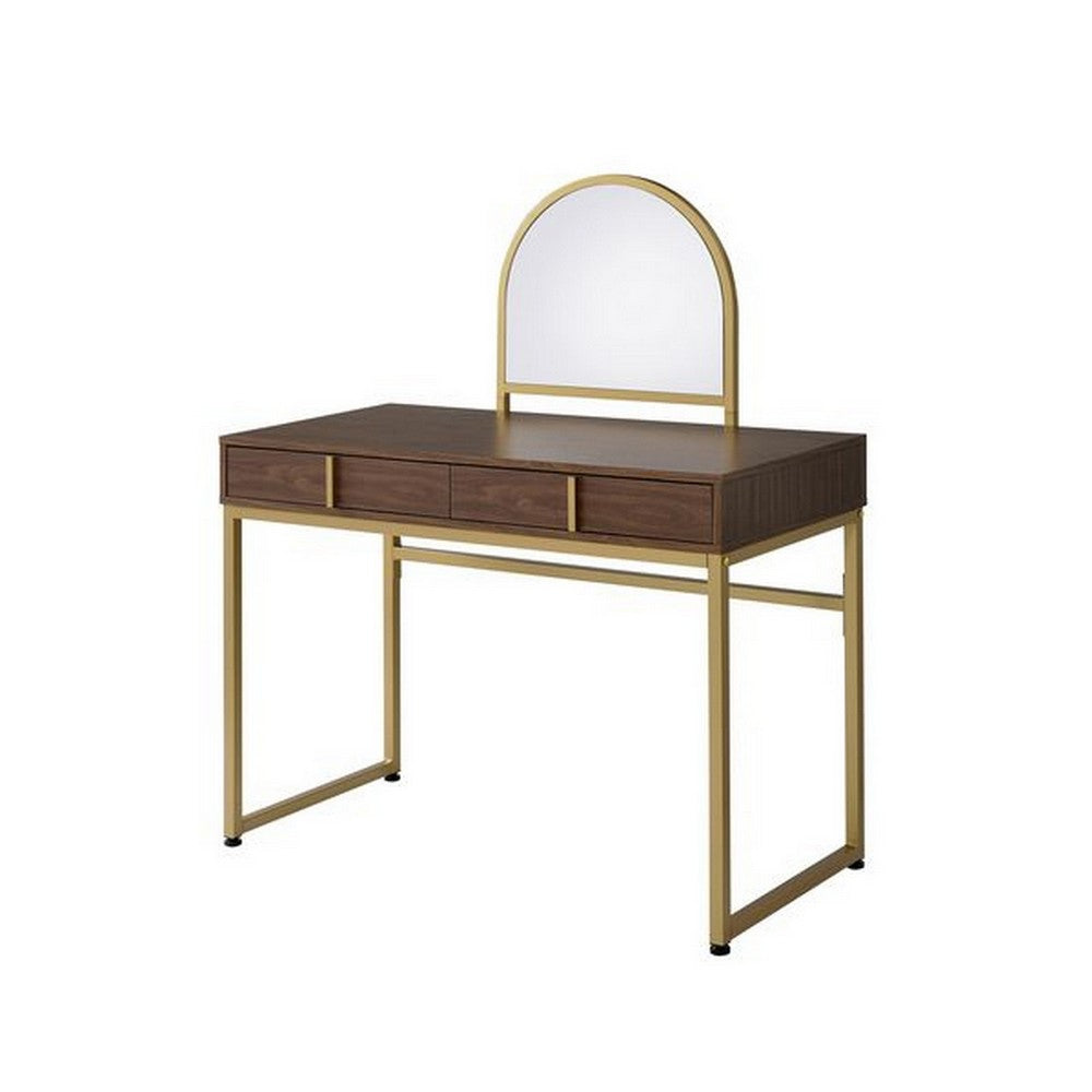 Vanity Desk with Mirror and Open Metal Frame, Brown and Gold - BM251244