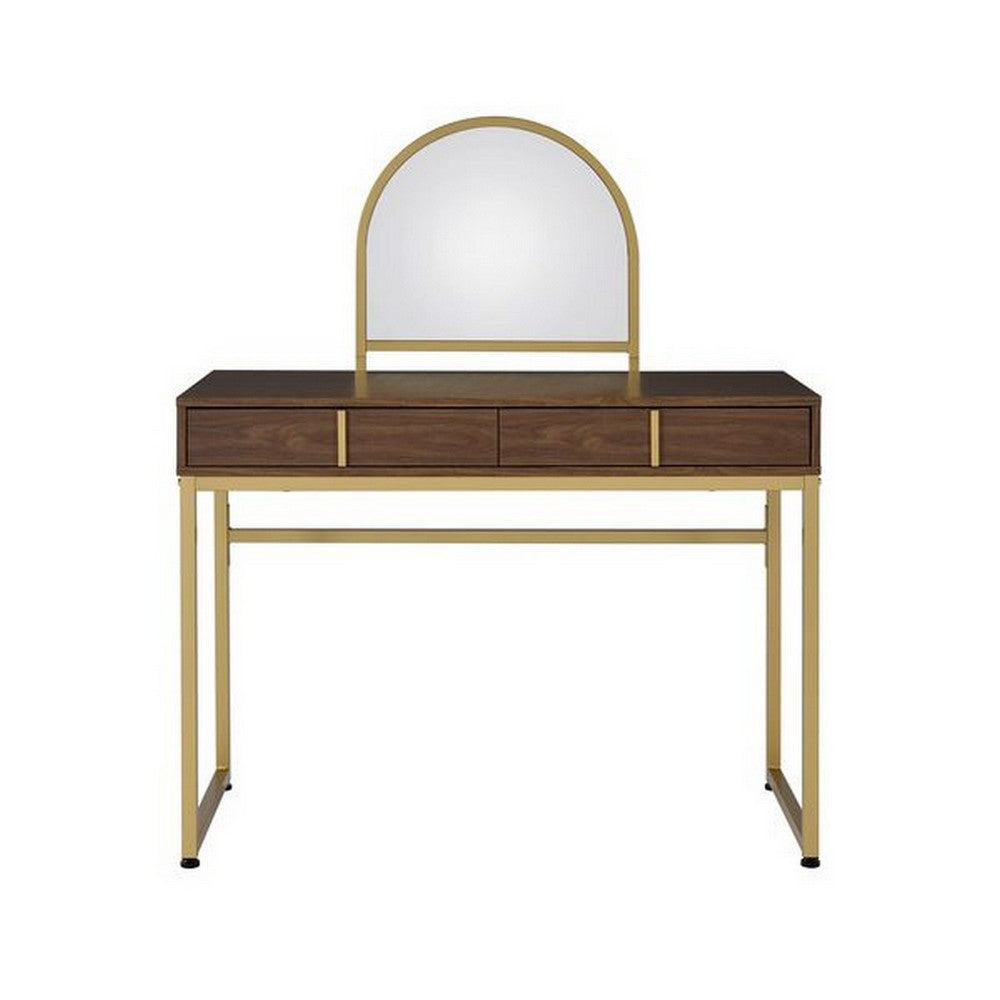 Vanity Desk with Mirror and Open Metal Frame, Brown and Gold - BM251244