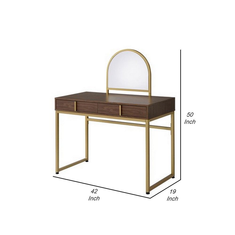 Vanity Desk with Mirror and Open Metal Frame, Brown and Gold - BM251244