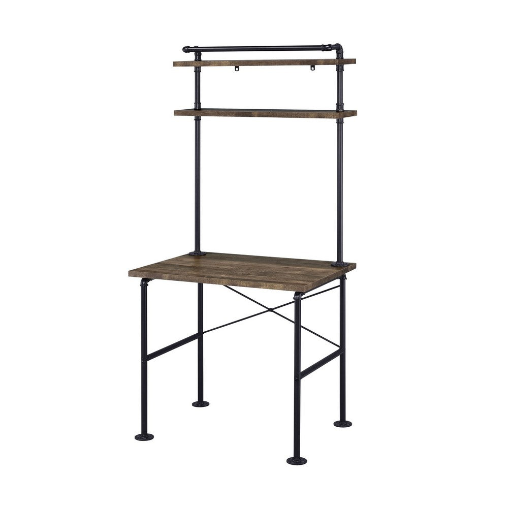 Writing Desk with Metal Pipe Design and 2 Shelves, Brown - BM251319