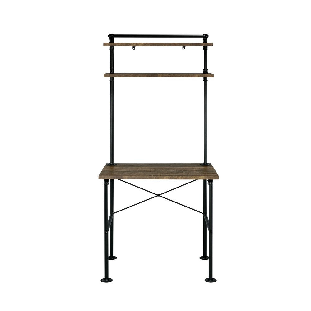 Writing Desk with Metal Pipe Design and 2 Shelves, Brown - BM251319