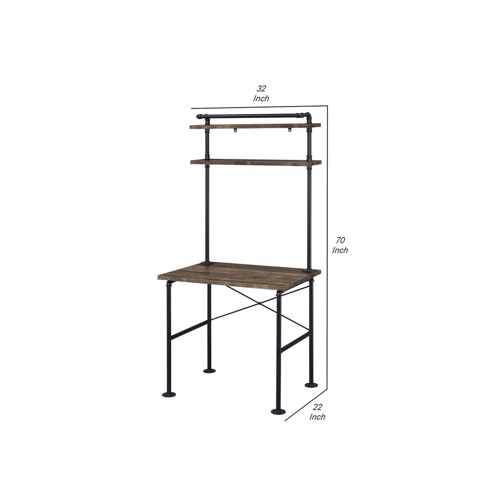 Writing Desk with Metal Pipe Design and 2 Shelves, Brown - BM251319