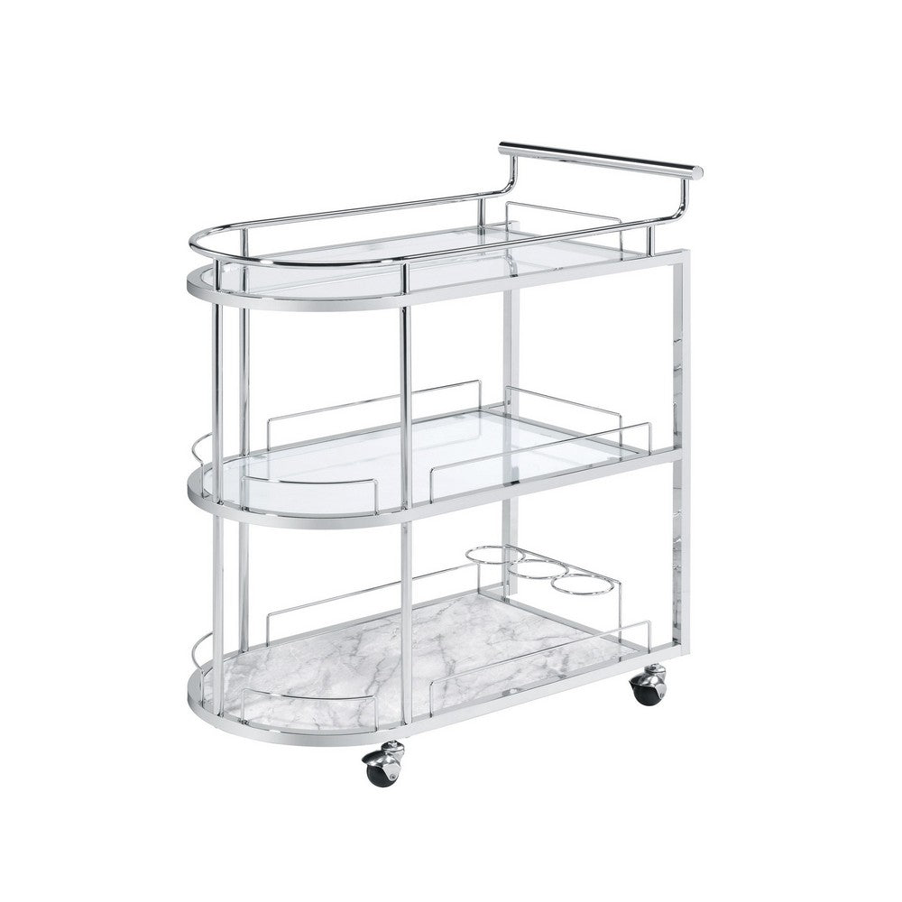 Serving Cart with Oval Shape and Metal Bar Handle, Silver - BM251324
