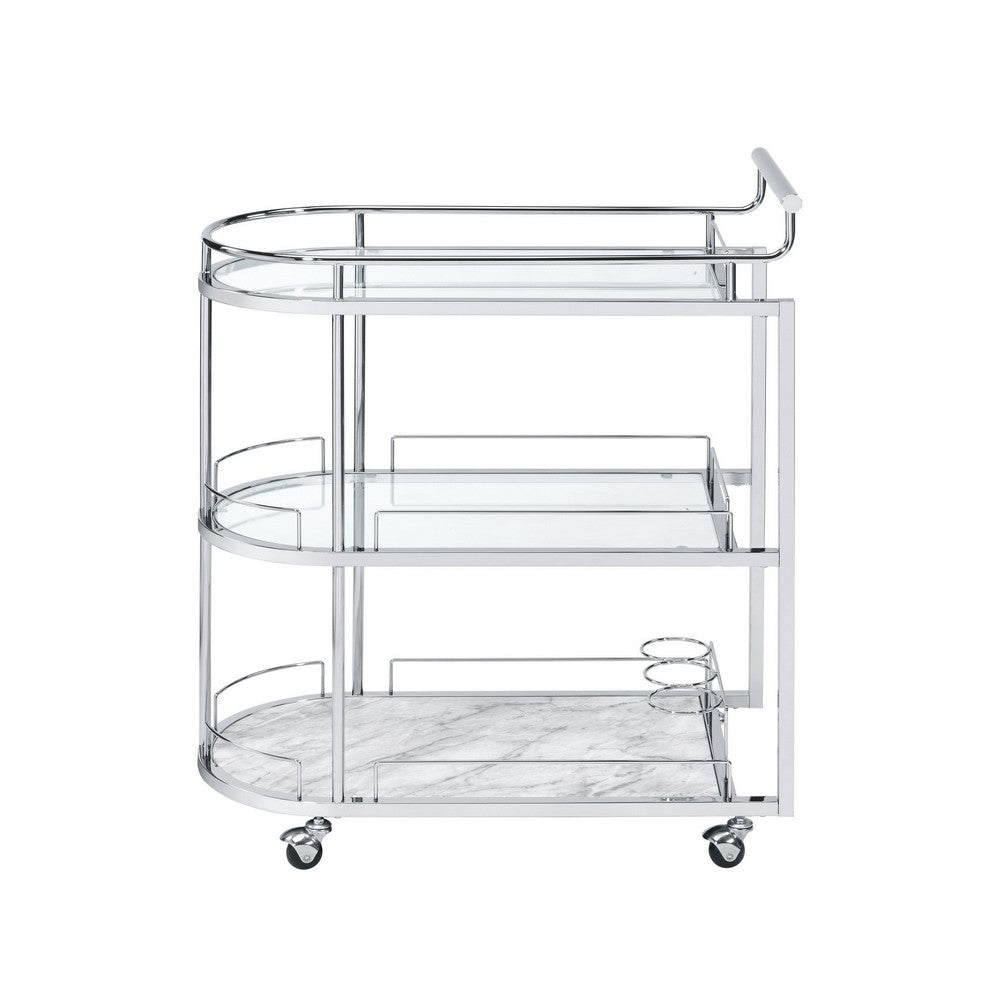 Serving Cart with Oval Shape and Metal Bar Handle, Silver - BM251324