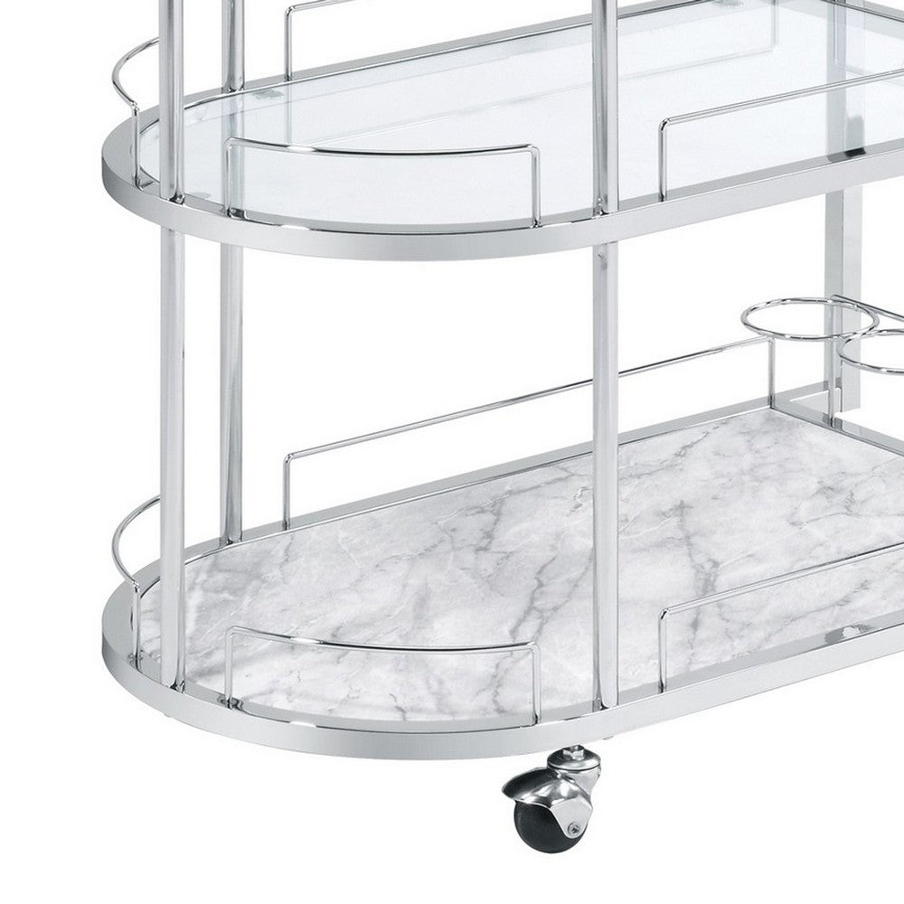 Serving Cart with Oval Shape and Metal Bar Handle, Silver - BM251324