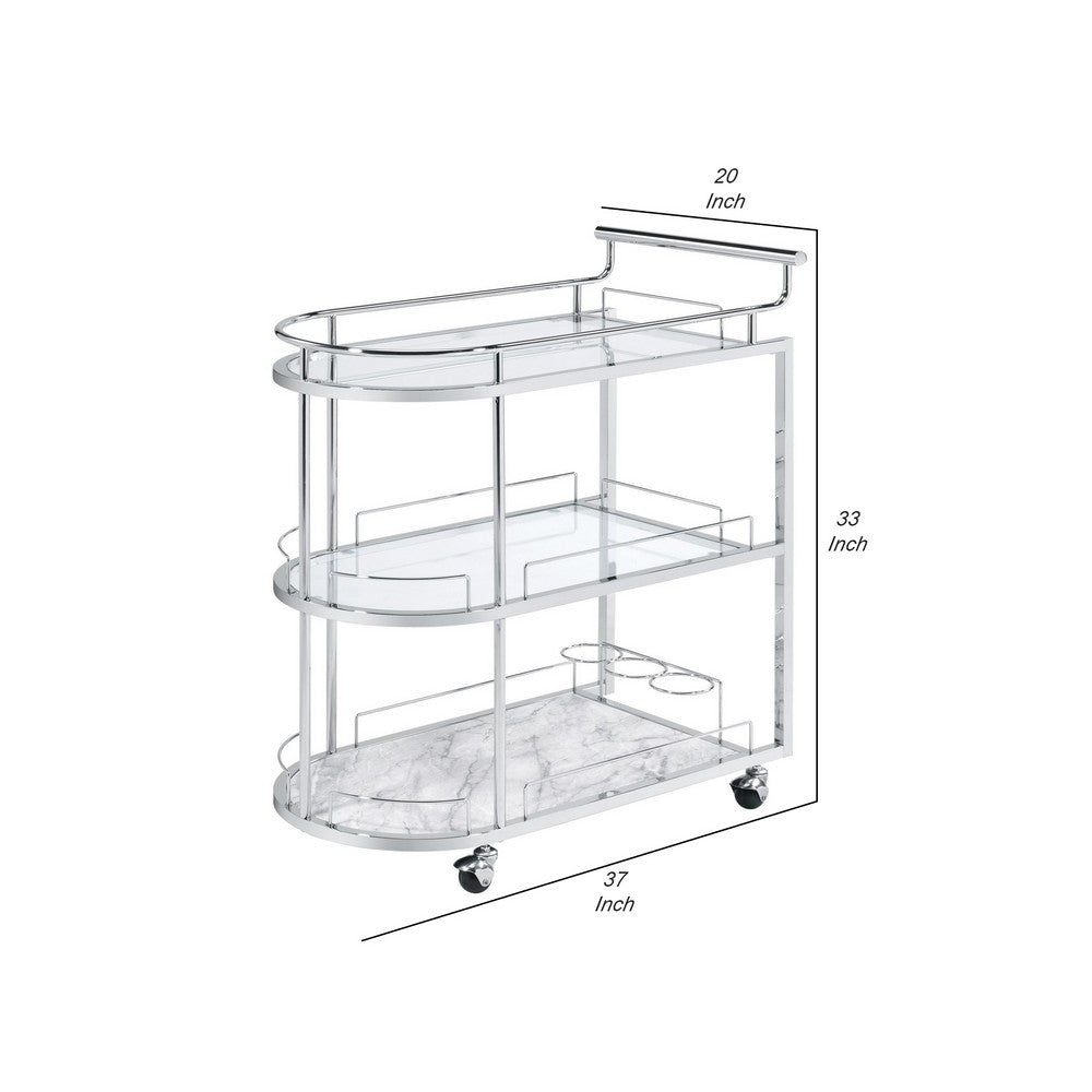 Serving Cart with Oval Shape and Metal Bar Handle, Silver - BM251324