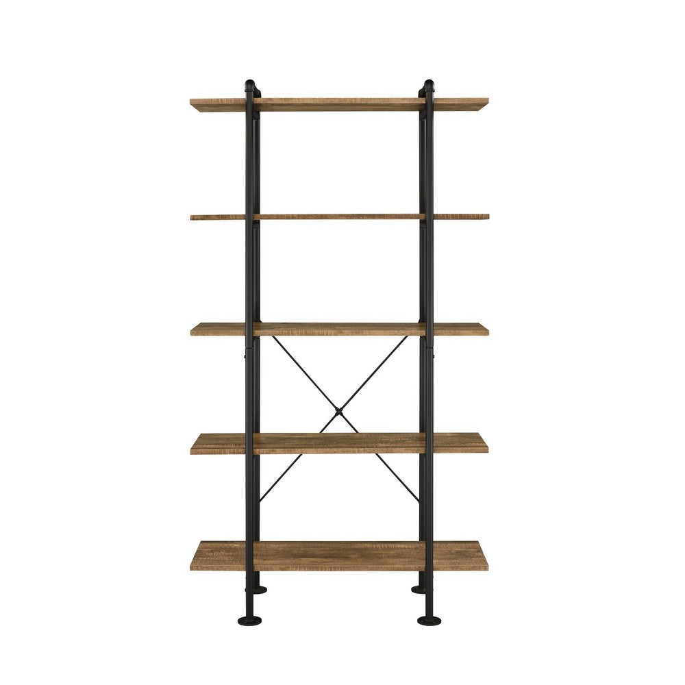 Bookcase with Metal Pipe Design and 5 Tier Shelves, Brown - BM251325