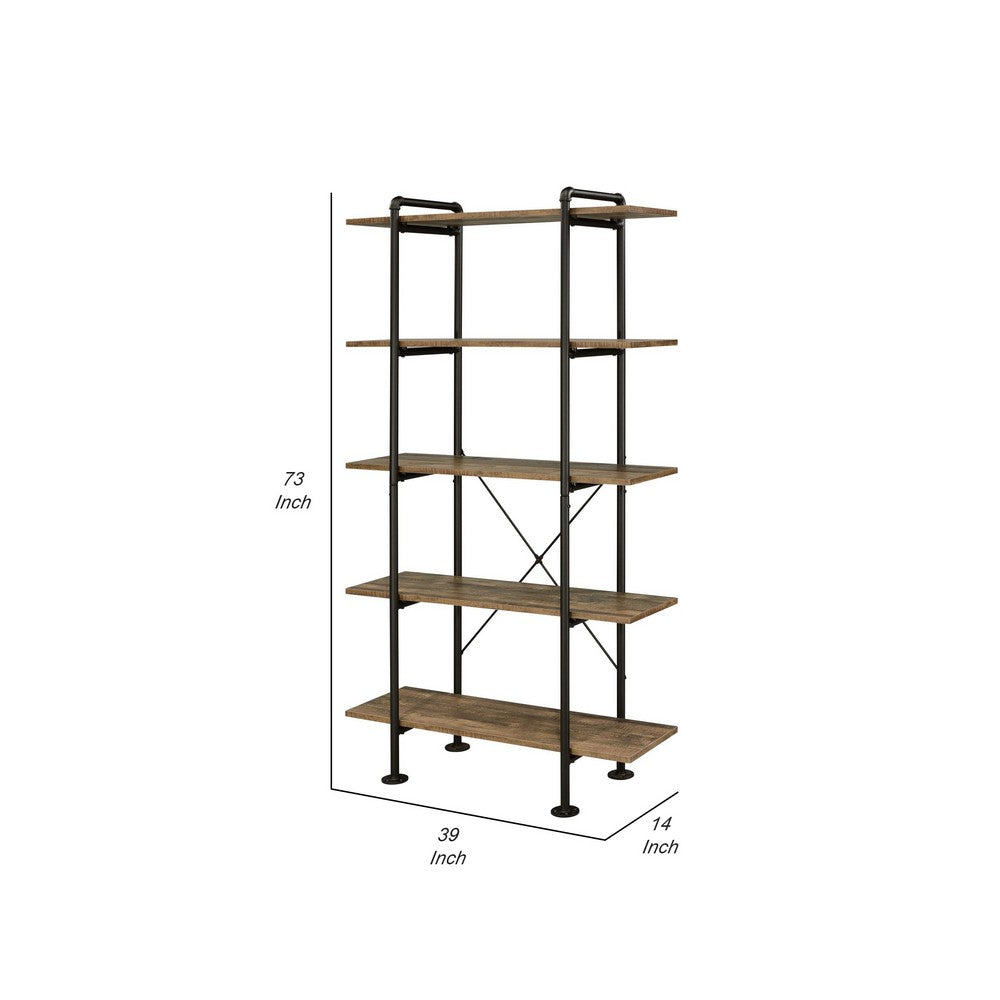 Bookcase with Metal Pipe Design and 5 Tier Shelves, Brown - BM251325