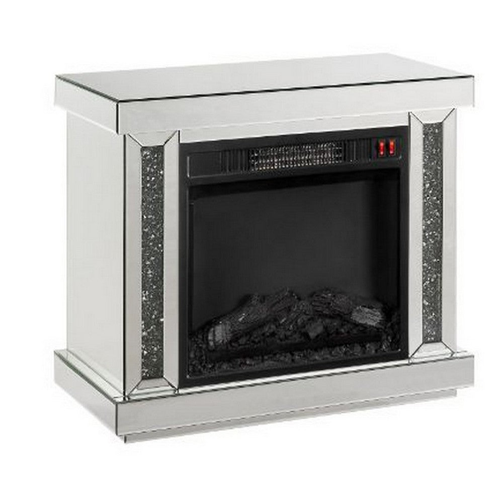 Electric Fireplace with Mirror Panel Framing and Faux Diamonds, Silver - BM251370