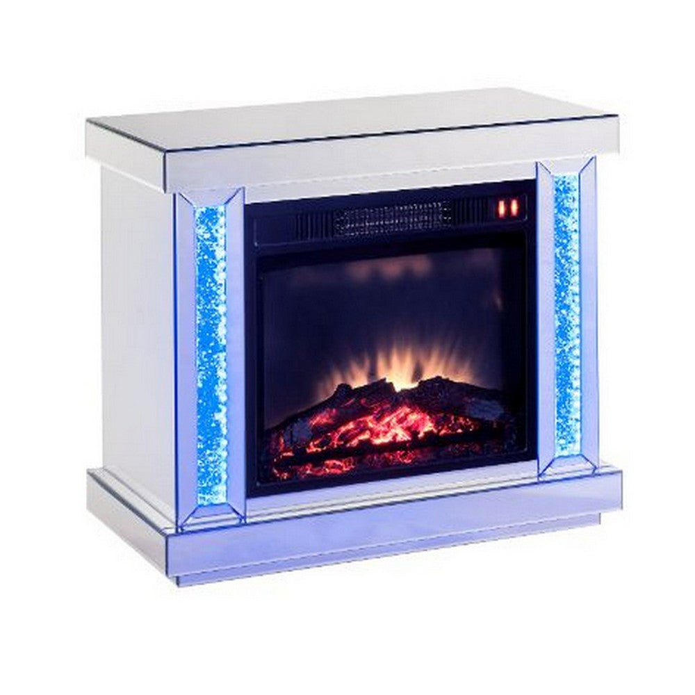 Electric Fireplace with Mirror Panel Framing and Faux Diamonds, Silver - BM251370