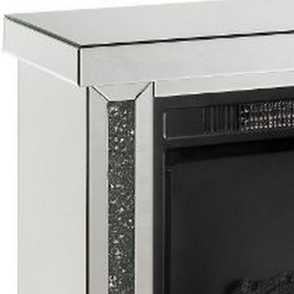 Electric Fireplace with Mirror Panel Framing and Faux Diamonds, Silver - BM251370